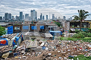 View of Mumbai skyline over slums in Bandra suburb