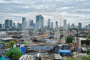 View of Mumbai skyline over slums in Bandra suburb