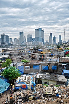 View of Mumbai skyline over slums in Bandra suburb