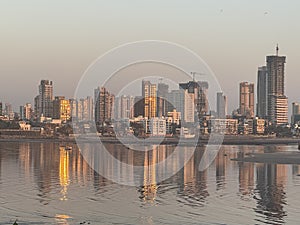 View of Mumbai at Sunset, from the Bandra Worli Sea Link (BWSL), in Mumbai, India