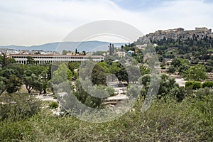 View of Museum of the Ancient Agora and the Acropolis of Athens in Greece