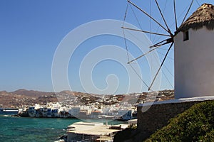 View of Mykonos and famous windmill, Mykonos island, Greece