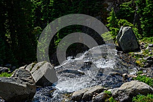 View of Myrtle Falls from the top on a sunny summer day at Paradise area of Mt. Rainier national park, USA