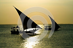 View on mystic black silhouettes of dhow sail boats in the backlight of bright sun beam during sunset over the ocean - Zanzibar