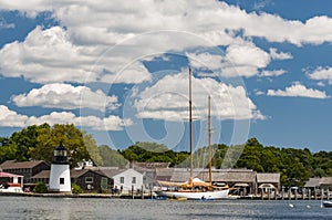 View of the Mystic Seaport with boats and houses, Connecticut