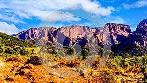 View of the Nagunt Mesa and other Red Rock Peaks of the Kolob Canyon part of Zion National Park, Utah