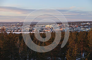 View from Nakoalatorni view tower over Rovaniemi during sunset
