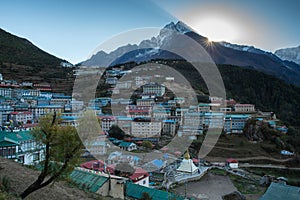 View of Namche bazar and mount thamserku - way to everest base c photo