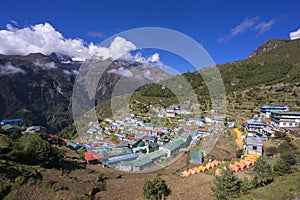 View on Namche Bazar in sunny day, Khumbu district, Nepal. photo