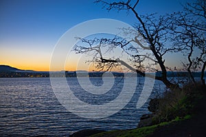 View of Nanaimo bay and skyline at dusk, taken from Jack Point