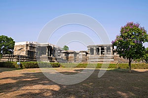 View of Nandi Mandapa and Hoysaleshwara Temple, Halebid, Karnataka. View from East.