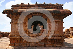 View of Nandi mandapa, Virupaksha temple, Pattadakal temple complex, Pattadakal, Karnataka. View from east.