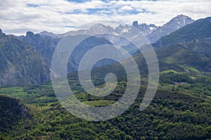 View on Naranjo de Bulnes or Picu Urriellu, limestone peak dating from Paleozoic Era, located in Macizo Central region of Picos