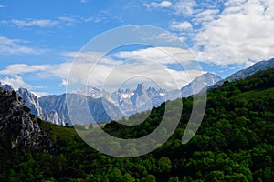 View on Naranjo de Bulnes or Picu Urriellu, limestone peak dating from Paleozoic Era, located in Macizo Central region of Picos