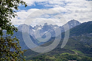 View on Naranjo de Bulnes or Picu Urriellu, limestone peak dating from Paleozoic Era, located in Macizo Central region of Picos
