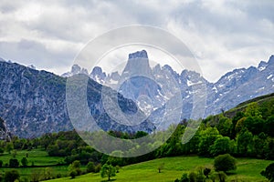 View on Naranjo de Bulnes or Picu Urriellu, limestone peak dating from Paleozoic Era, located in Macizo Central region of Picos