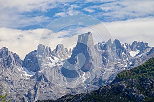 View on Naranjo de Bulnes or Picu Urriellu, limestone peak dating from Paleozoic Era, located in Macizo Central region of Picos