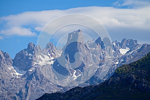 View on Naranjo de Bulnes or Picu Urriellu, limestone peak dating from Paleozoic Era, located in Macizo Central region of Picos