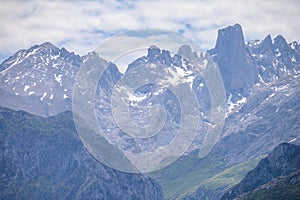 View on Naranjo de Bulnes or Picu Urriellu, limestone peak dating from Paleozoic Era, located in Macizo Central region of Picos