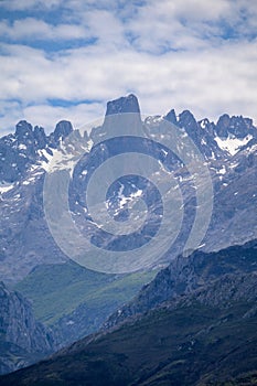 View on Naranjo de Bulnes or Picu Urriellu, limestone peak dating from Paleozoic Era, located in Macizo Central region of Picos