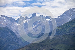 View on Naranjo de Bulnes or Picu Urriellu, limestone peak dating from Paleozoic Era, located in Macizo Central region of Picos