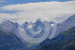 View on Naranjo de Bulnes or Picu Urriellu, limestone peak dating from Paleozoic Era, located in Macizo Central region of Picos