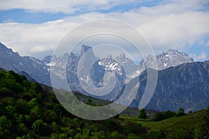 View on Naranjo de Bulnes or Picu Urriellu, limestone peak dating from Paleozoic Era, located in Macizo Central region of Picos photo