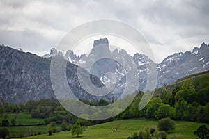 View on Naranjo de Bulnes or Picu Urriellu, limestone peak dating from Paleozoic Era, located in Macizo Central region of Picos