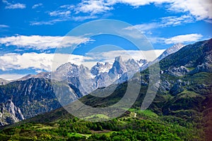 View on Naranjo de Bulnes or Picu Urriellu, limestone peak dating from Paleozoic Era, located in Macizo Central region of Picos