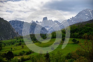 View on Naranjo de Bulnes or Picu Urriellu, limestone peak dating from Paleozoic Era, located in Macizo Central region of Picos