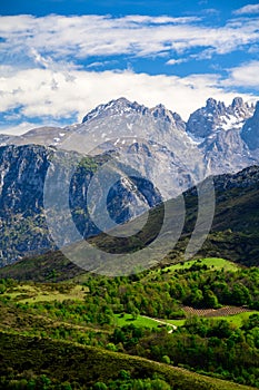 View on Naranjo de Bulnes or Picu Urriellu, limestone peak dating from Paleozoic Era, located in Macizo Central region of Picos