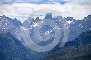 View on Naranjo de Bulnes or Picu Urriellu, limestone peak dating from Paleozoic Era, located in Macizo Central region of Picos