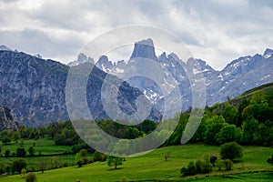 View on Naranjo de Bulnes or Picu Urriellu, limestone peak dating from Paleozoic Era, located in Macizo Central region of Picos