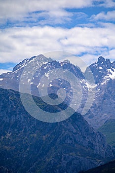 View on Naranjo de Bulnes or Picu Urriellu, limestone peak dating from Paleozoic Era, located in Macizo Central region of Picos