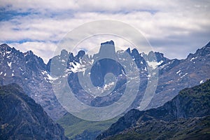 View on Naranjo de Bulnes or Picu Urriellu, limestone peak dating from Paleozoic Era, located in Macizo Central region of Picos