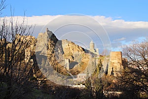 The view of the Narkala fortress in Tbilisi city in winter from Botanical garden, Georgia