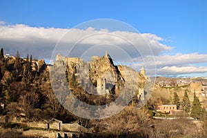 The view of the Narkala fortress in Tbilisi city in winter from Botanical garden, Georgia