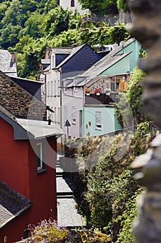 View of the narrow paved street and medieval houses