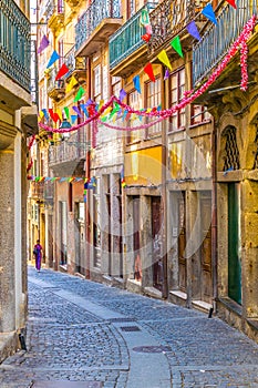 View of a narrow street in the historical center of Porto, Portugal