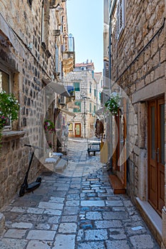 View of a narrow street in the old town of Hvar, Croatia