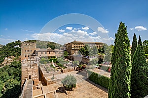 View of the Nasrid Palaces Palacios NazarÃ­es and the Palace of Charles V in Alhambra, Granada