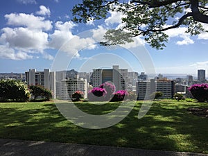 View from National Memorial Cemetery of the Pacific at Punchbowl in Honolulu