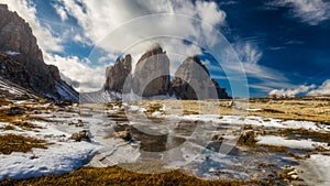 View of the National Park Tre Cime di Lavaredo, Dolomites, South Tyrol. Location Auronzo, Italy, Europe. Dramatic cloudy sky.