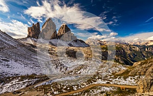 View of the National Park Tre Cime di Lavaredo, Dolomites, South Tyrol. Location Auronzo, Italy, Europe. Dramatic cloudy sky.