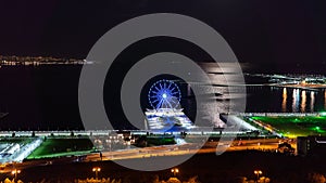 View of National Seaside Park on a moonlit night. Baku city