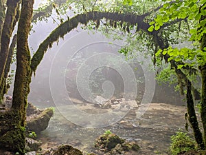 View of natural arch with fog over the river Aniene in Lazio photo
