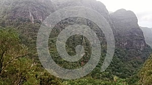 View of the natural landscape of the Levada do Caldeirão Verde, an iconic and tourist trail in the middle of the laurissilva