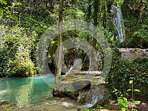 View of natural pool and waterfall in the wild forest