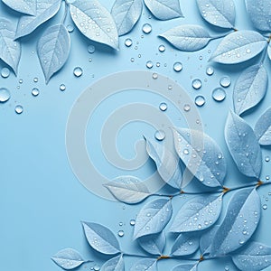 view nature water drops on leaves blank blue background