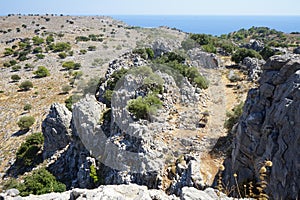 View of Navarone Bay and surrounding area in August. Lindos, Rhodes island, Greece